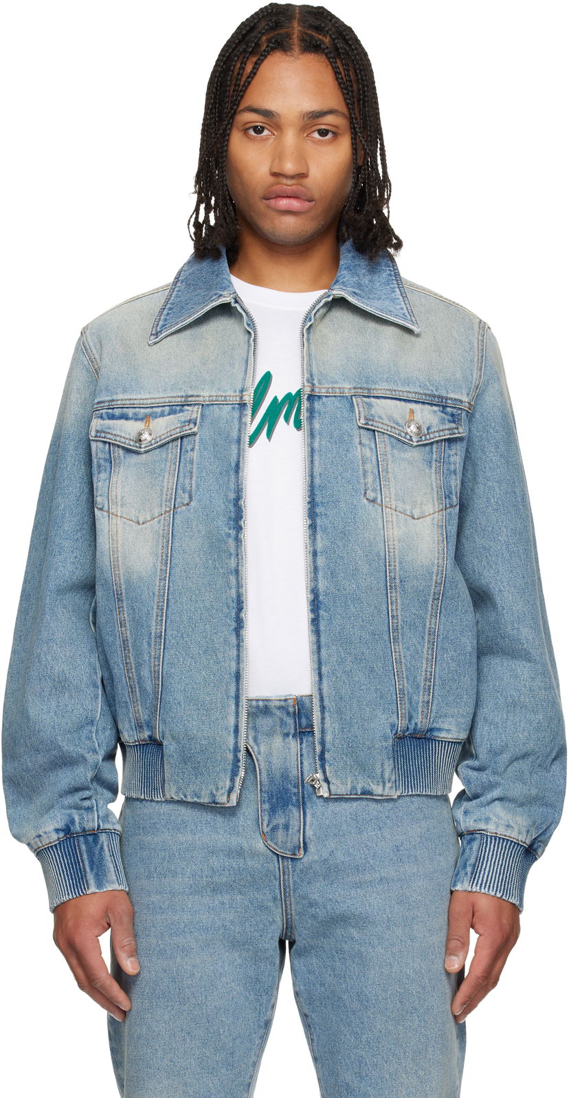 Яке бомбър Balmain Balmain Cropped Lined Denim Jacket Синьо | FH1TC420DF81