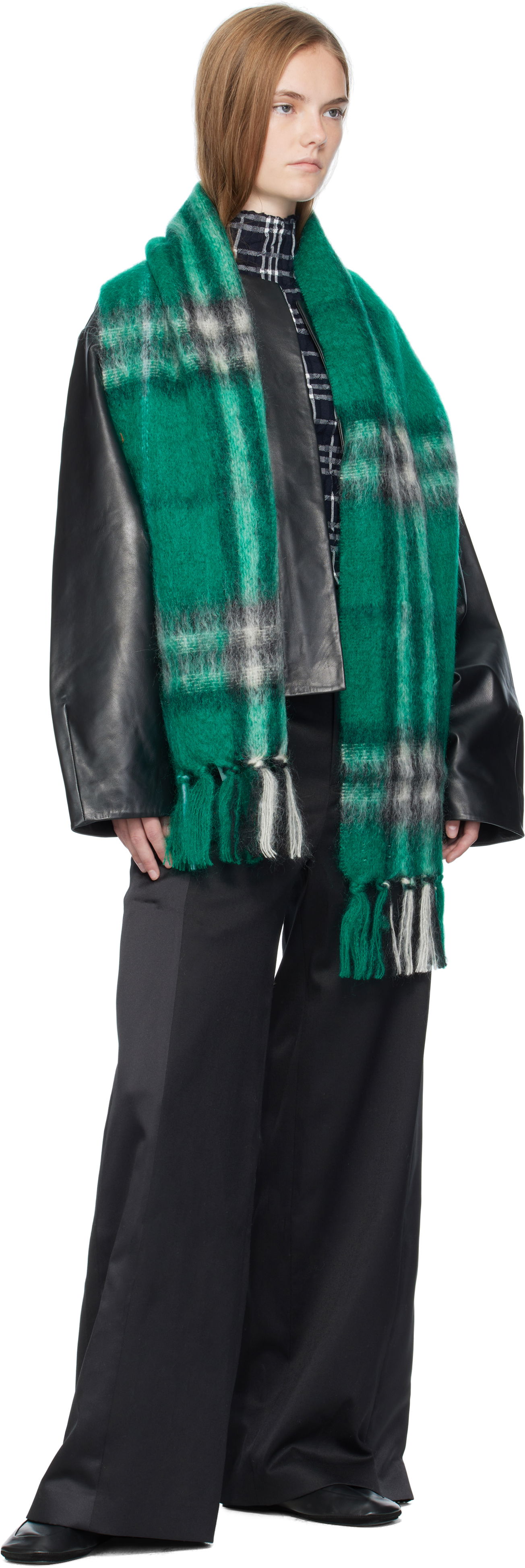 Шал Burberry Burberry Check Mohair Wool Scarf with Tassels Зелено | 8112968, 1