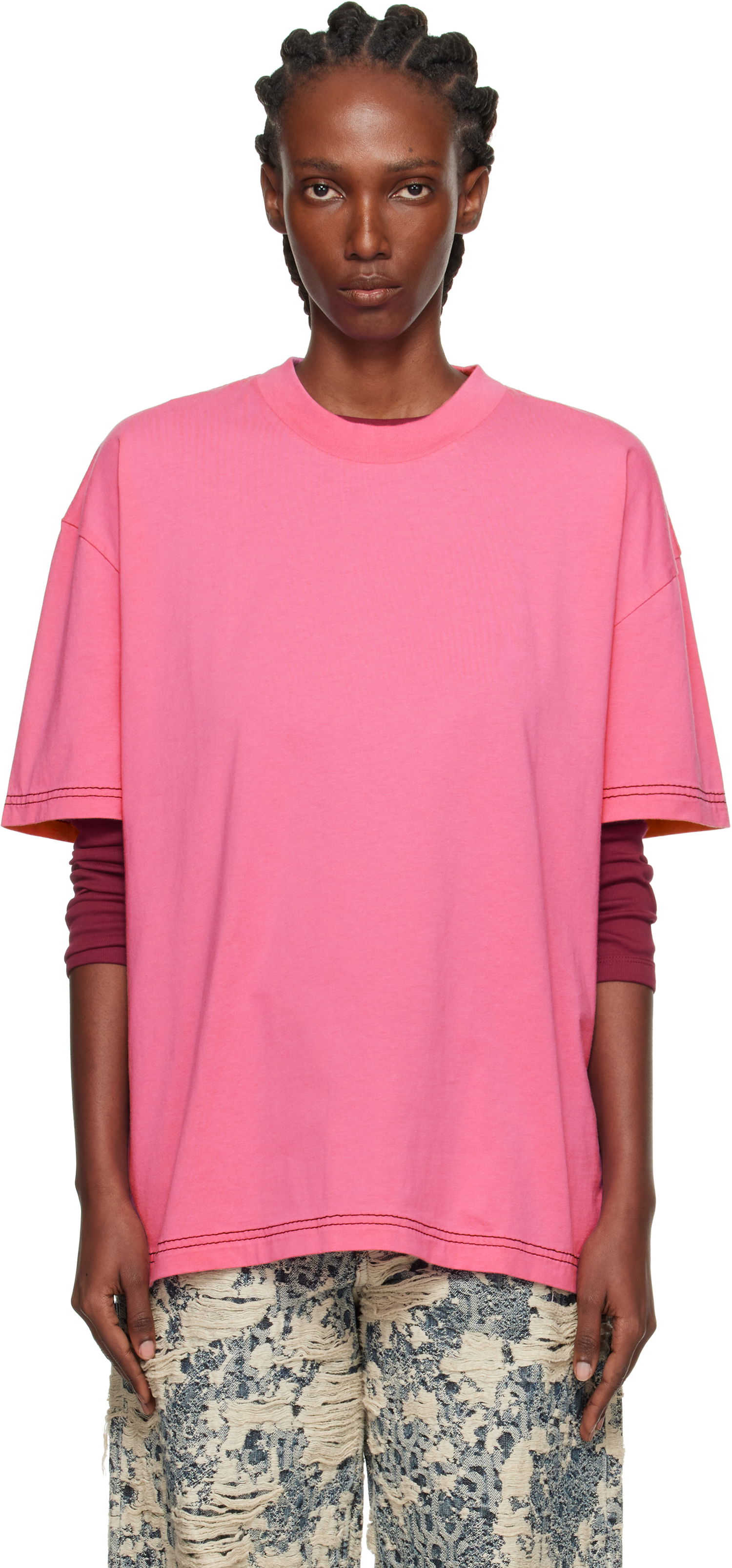 Тениска Acne Studios Oversized Crewneck T-shirt with Contrast Stitching Розово | CL0388-, 0