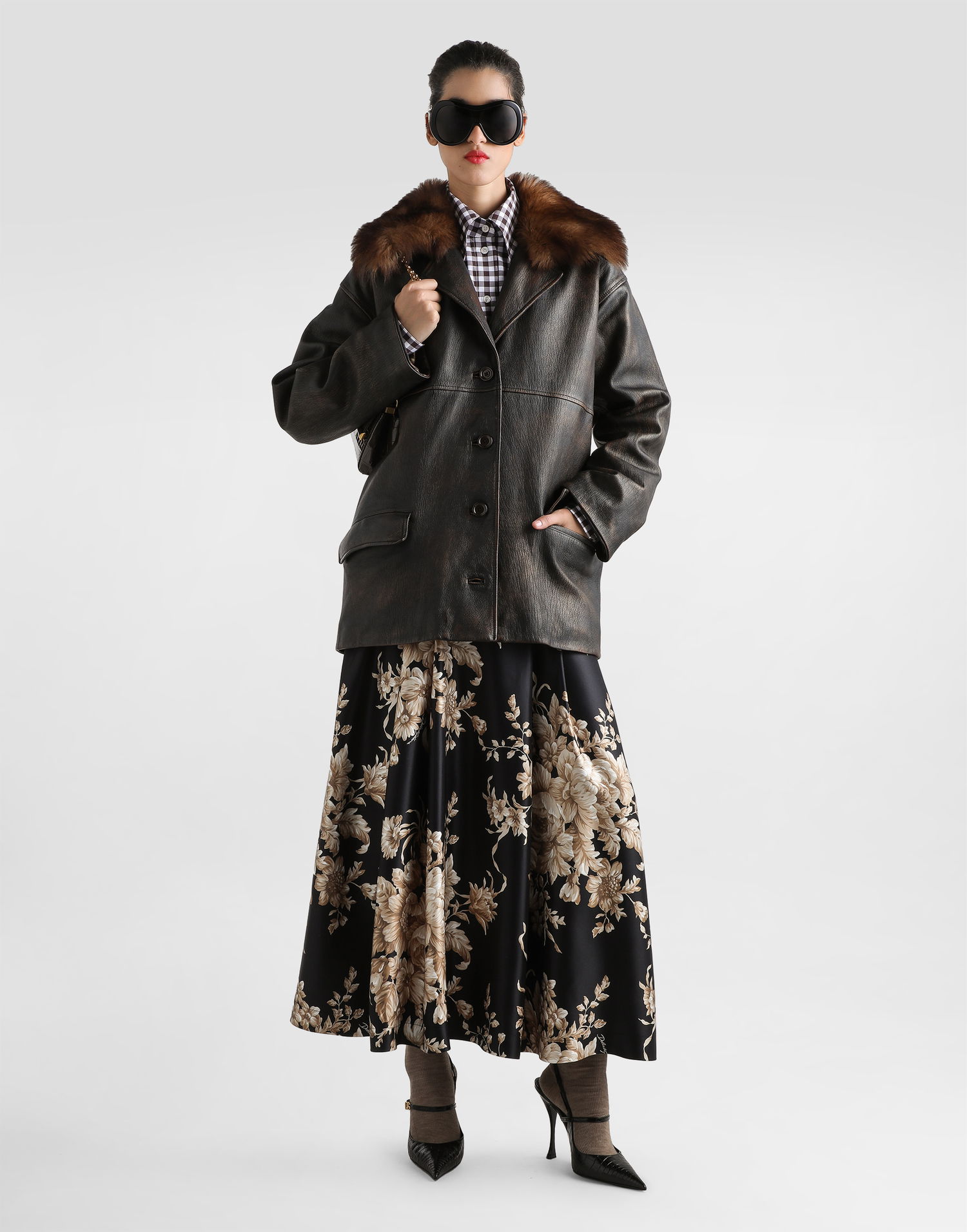 Яке Dolce & Gabbana Dolce & Gabbana Leather Jacket with Fur Collar and Leopard Print Lining Кафяво | F9S72LHULXVM0022, 1