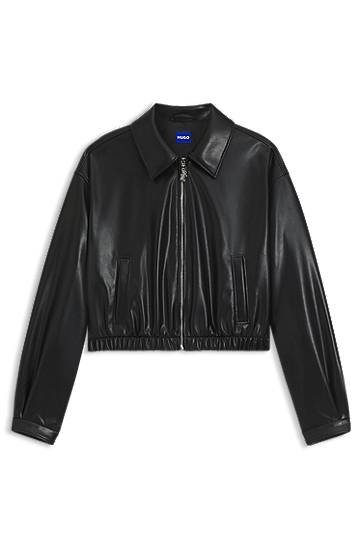 Cropped Faux Leather Jacket with Embossed Logo