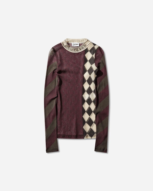 Mesh Patchwork Long-Sleeve Diagonal Stripe Diamond Pattern Top