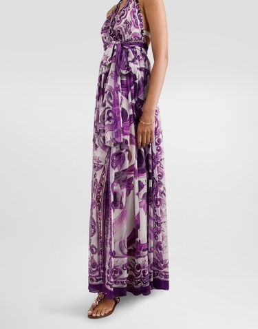 Pокля Dolce & Gabbana Dolce & Gabbana Majolica-Print Halter Neck Chiffon Dress Лилаво | F6TYTTHI1BXIP3TN, 3