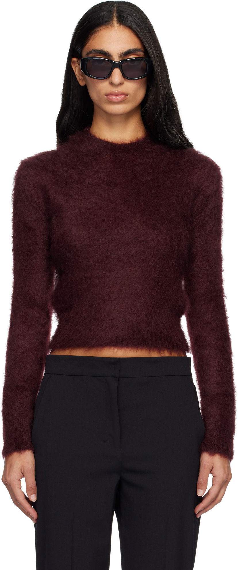 Пуловер Max Mara Max Mara Adatti Fuzzy Cropped Mock-Neck Sweater Бургунди | 2521366263600