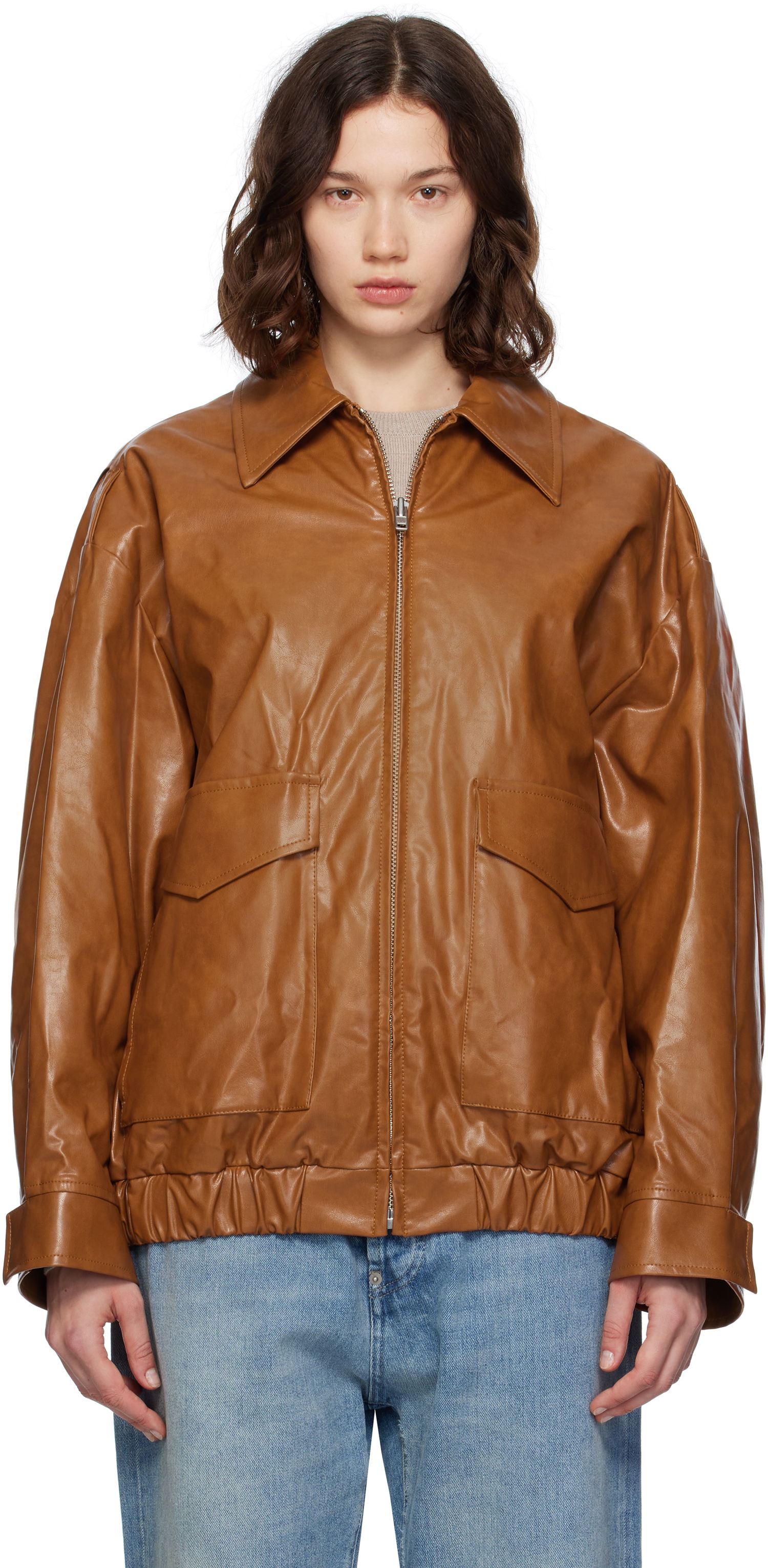 Яке бомбър Maison Margiela MM6 Maison Margiela Oversized Faux-Leather Bomber Jacket Кафяво | S52AM0325 M35465, 0