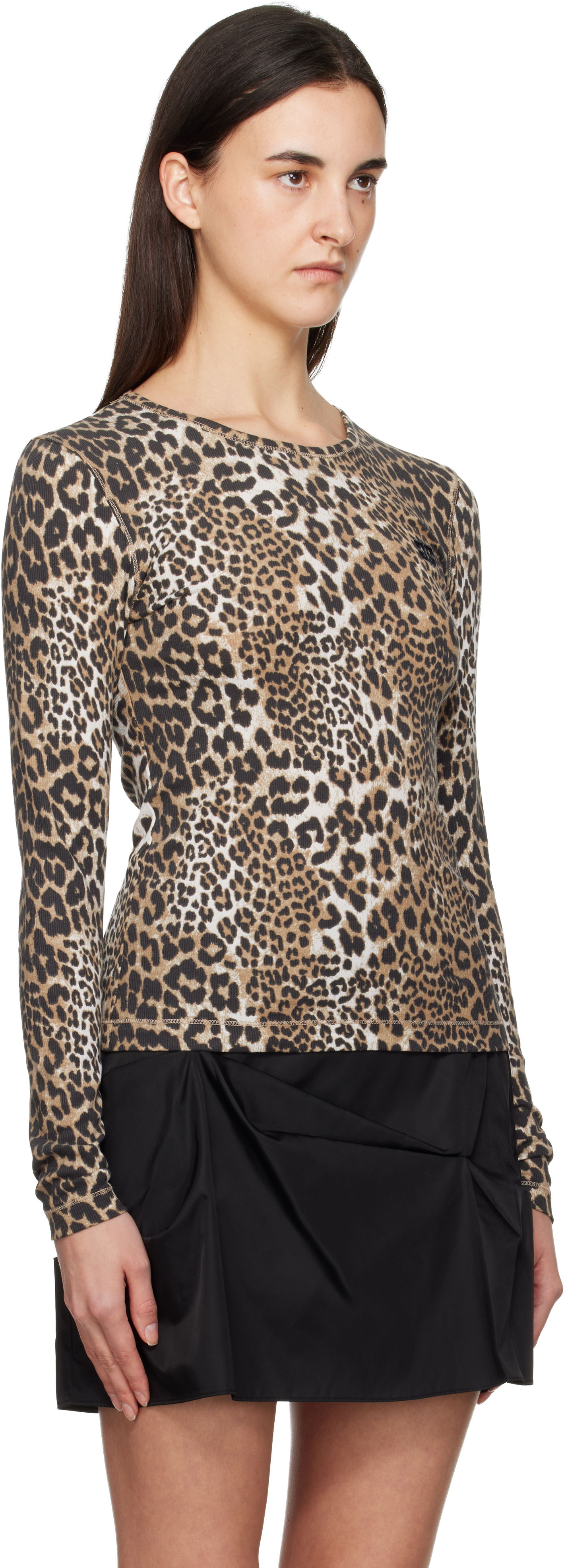 Тениска GANNI Leopard Rib Long Sleeve T-shirt Многоцветен | T4367, 1