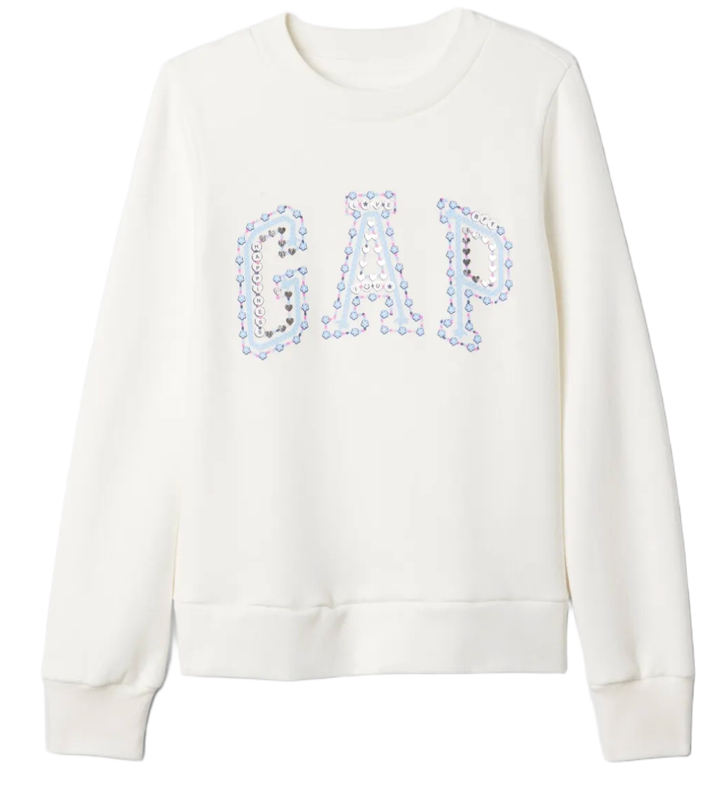Суитчър GAP Crewneck Sweatshirt with Sequin Hearts Applique Бяло | 486515-02, 0