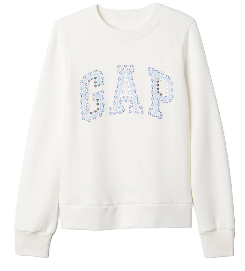 Суитчър GAP Crewneck Sweatshirt with Sequin Hearts Applique Бяло | 486515-02