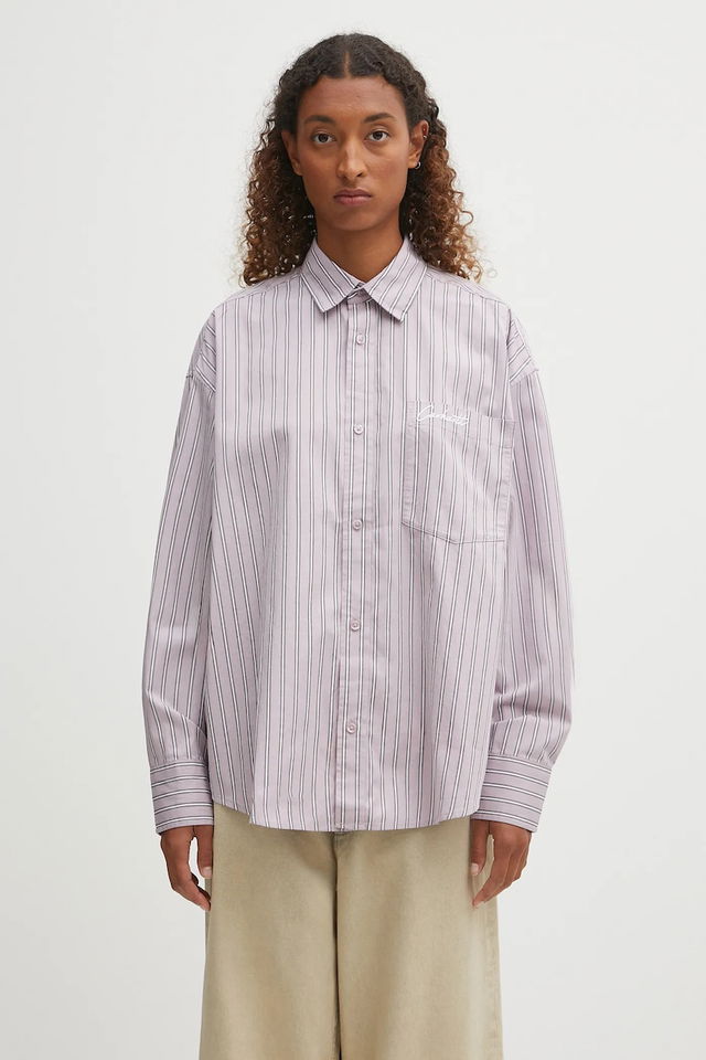 Grimsby Long Sleeve Relaxed Fit Cotton Striped Shirt with Classic Collar and Embroidered Chest Pocket
