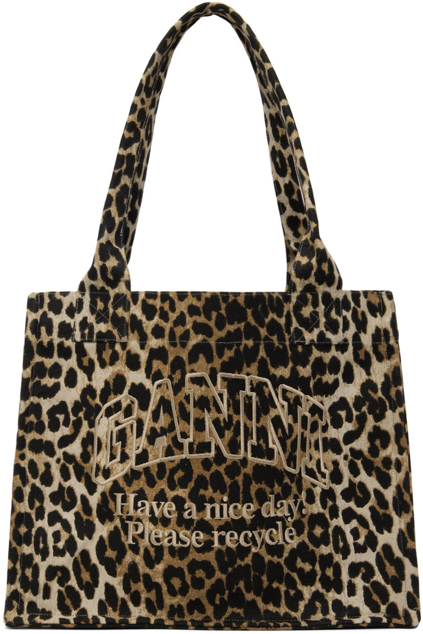 Голяма пазарска чанта GANNI Leopard Canvas Tote Bag Бежово | A5807