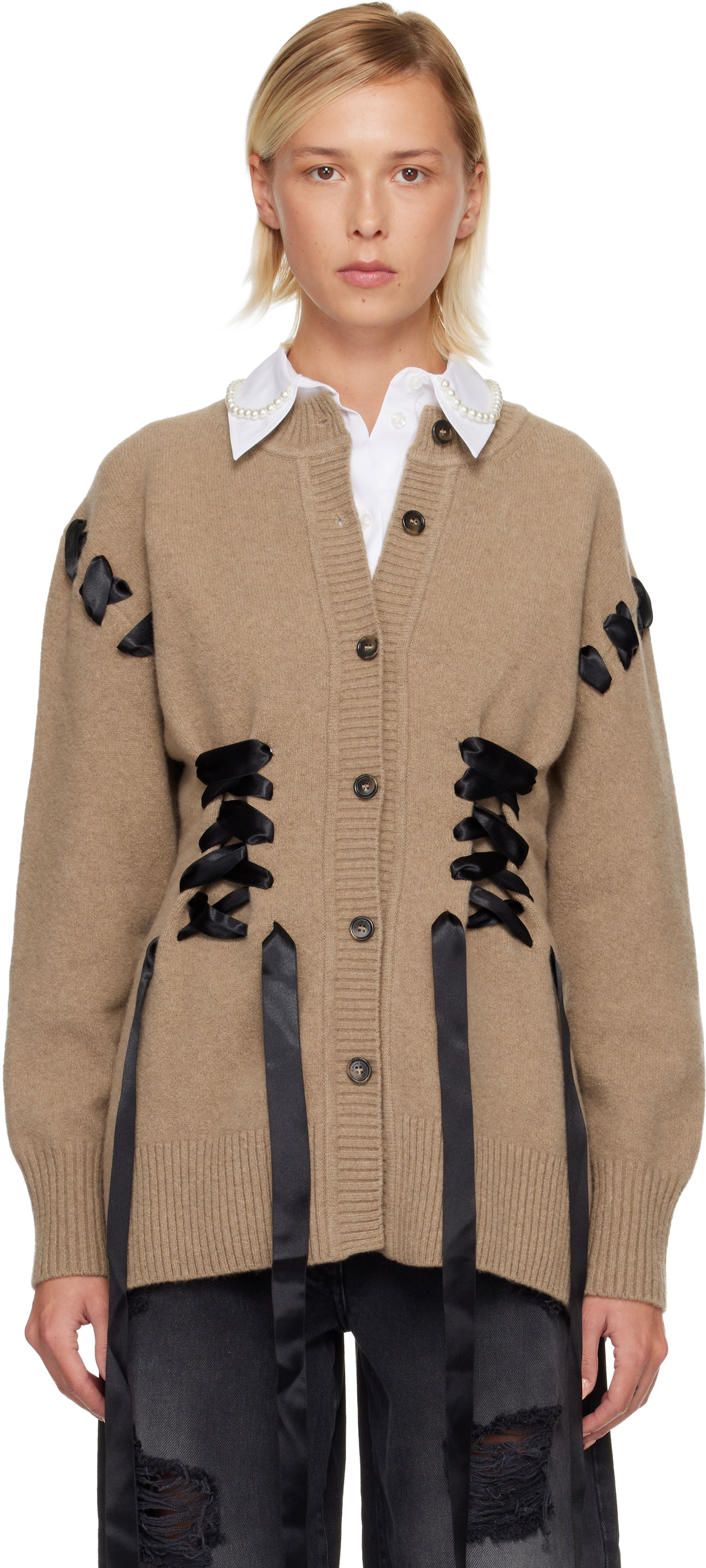 Пуловер Simone Rocha Simone Rocha Sculpted Ribbon Corset Cardigan Бежово | LMK8 0660, 0