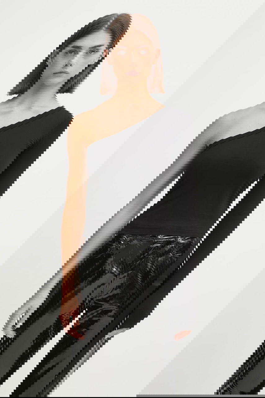 Тениска Rick Owens Rick Owens DRKSHDW Ziggy One-Shoulder Long Sleeve T-Shirt Черно | DS02E7216.RN, 0