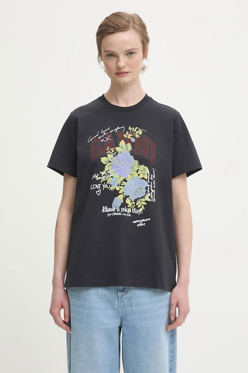 Тениска GANNI Basic Cotton Jersey Rose T-shirt Черно | T4342