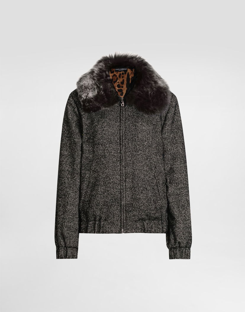 Яке бомбър Dolce & Gabbana Dolce & Gabbana Chevron Wool Bomber Jacket with Fur Collar Сиво | F9S93TFCBAJS8030