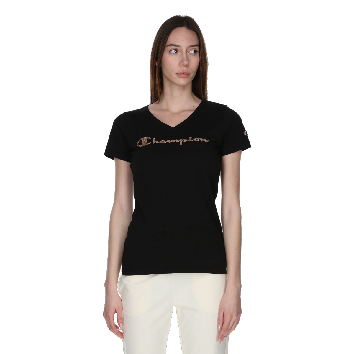 Тениска Champion V-Neck T-Shirt with Textured Script Print Черно | 118191-KK001, 0