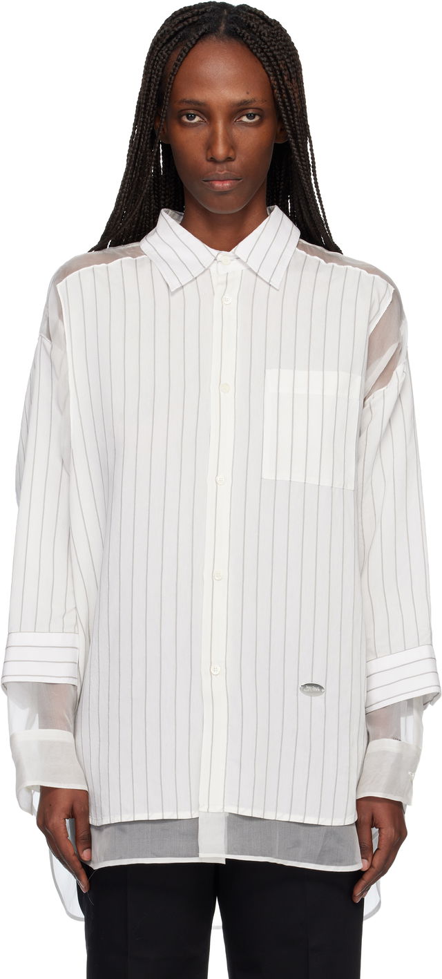 Pinstriped Long-Sleeve Button-Up Shirt with Sheer Panels
