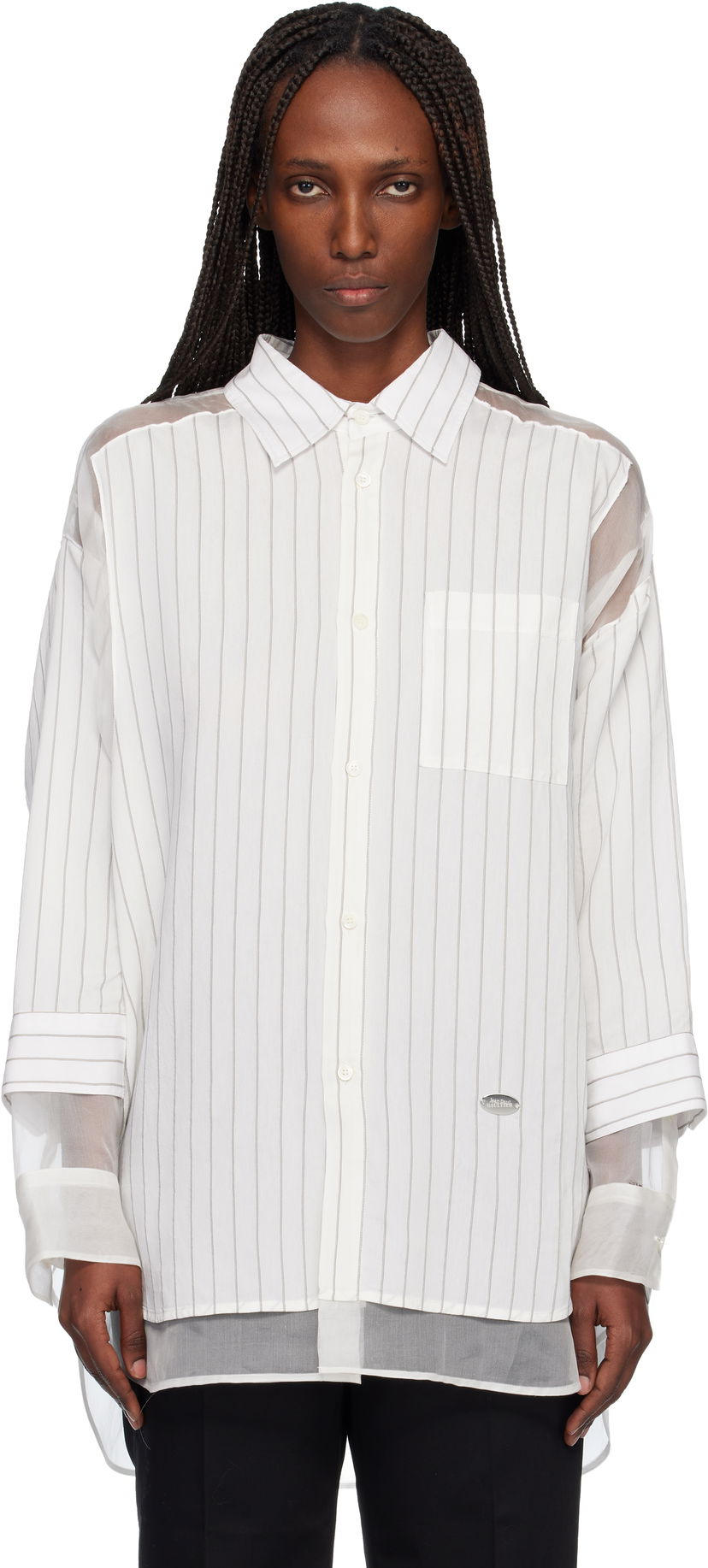 Риза Jean Paul Gaultier Pinstriped Long-Sleeve Button-Up Shirt with Sheer Panels Бяло | 25/04-U-ST038-W038-0150