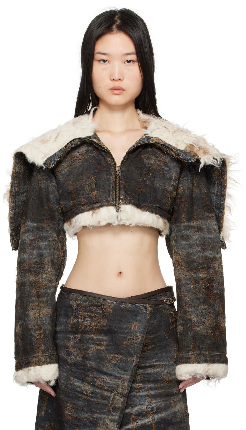 Яке Diesel Cropped Distressed Denim Jacket with Faux Fur Черно | A17128 0ABCW