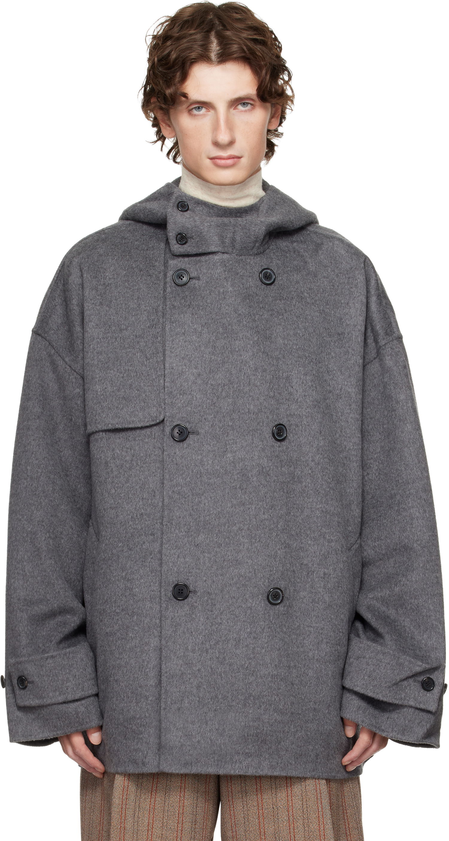 Палта JW Anderson JW Anderson Oversized Hooded Double-Breasted Felted Peacoat Сиво | CO0342-PG1559, 0