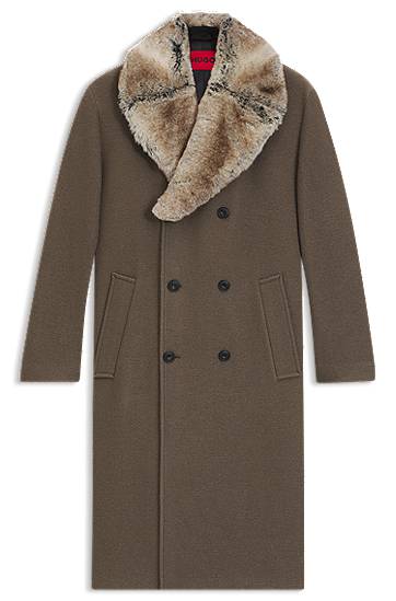 Virgin-wool double-breasted coat with removable faux-fur collar