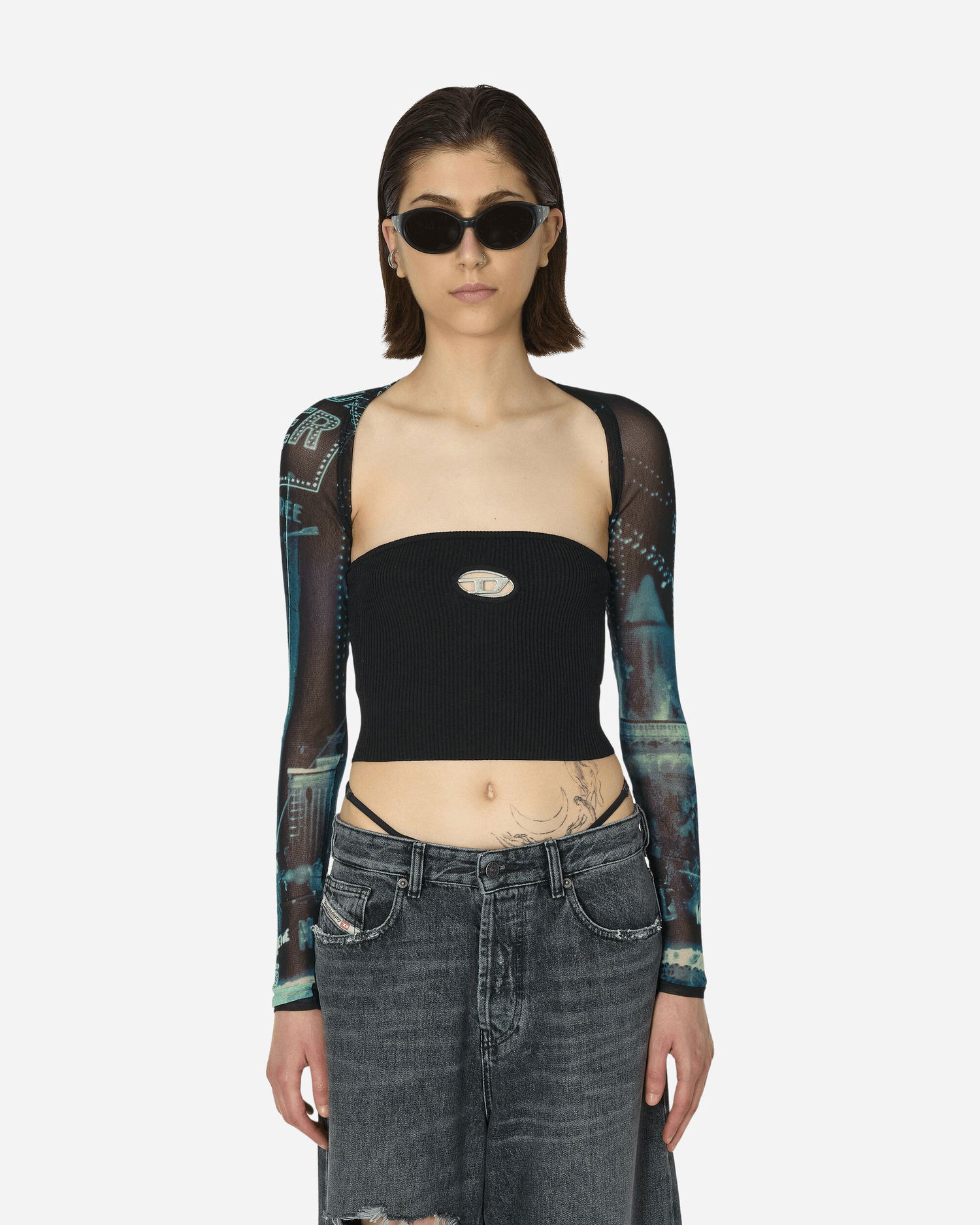 Съкратен топ Jean Paul Gaultier Printed Mesh Long Sleeve Shrug Черно | TO207-T552 59560100, 1