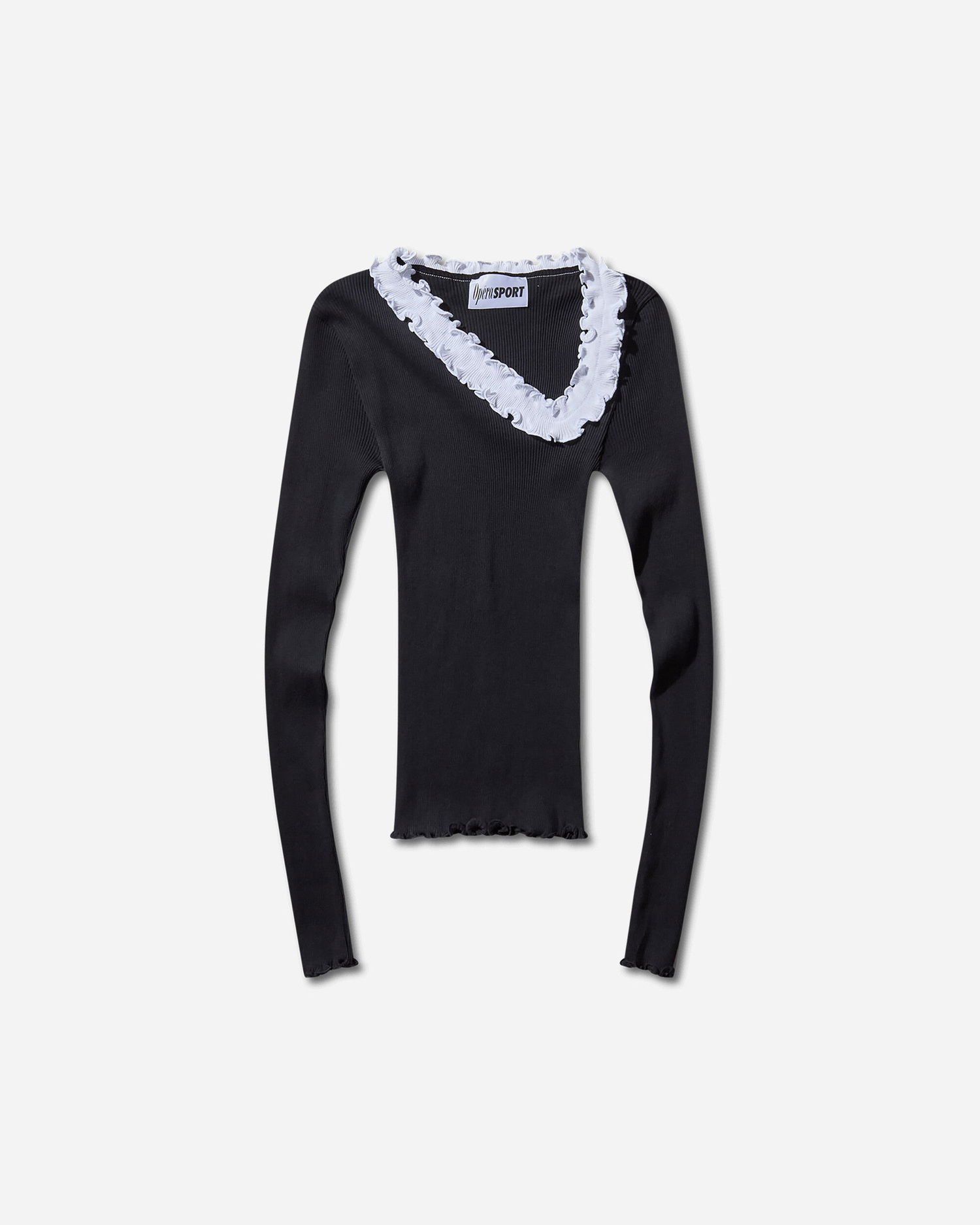 Риза OpéraSPORT Evita Seamless Ribbed Ruffle-Trim Long-Sleeve Top Черно | W32AW24  4, 1