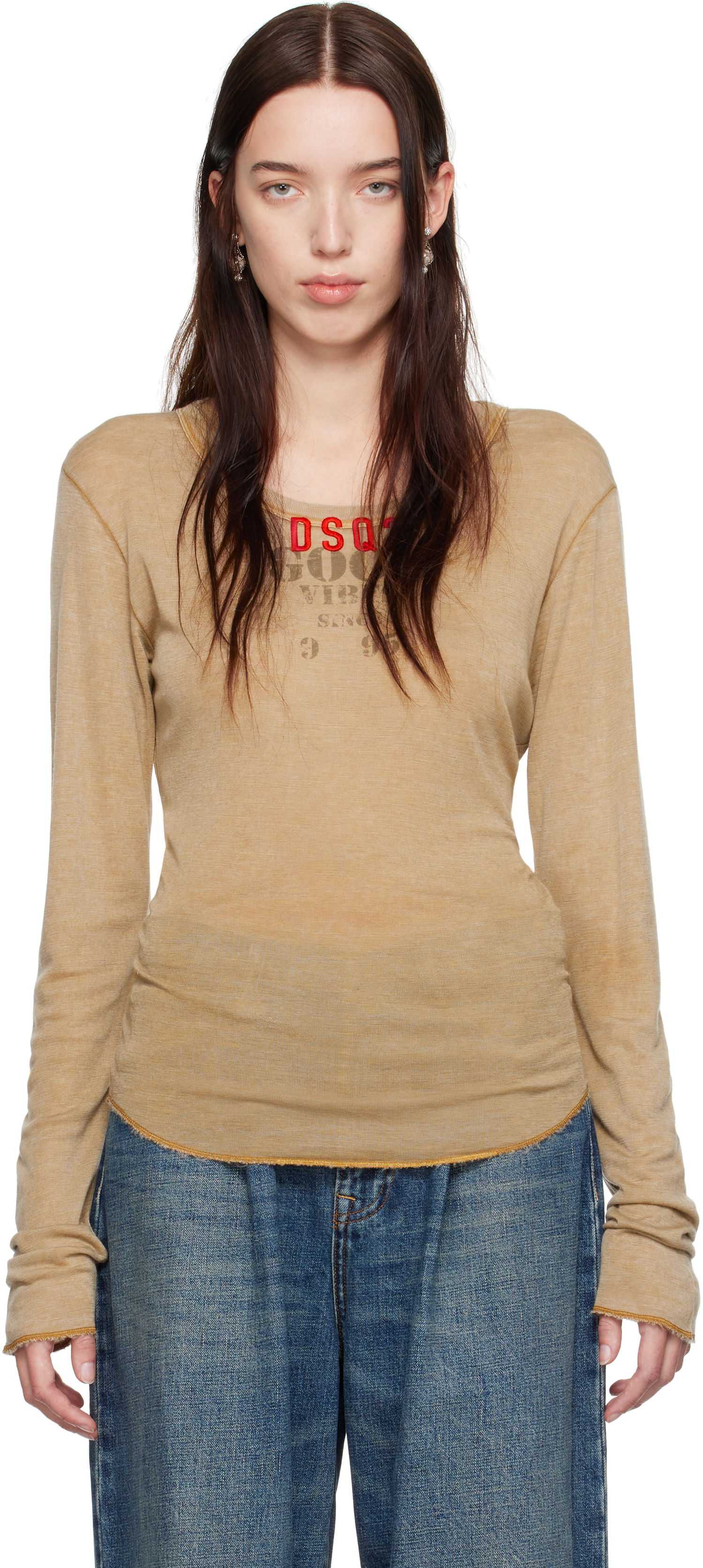 Тениска DSQUARED2 Long Sleeve Choke Fit T-Shirt Бежово | S71GD1488 S22620, 0