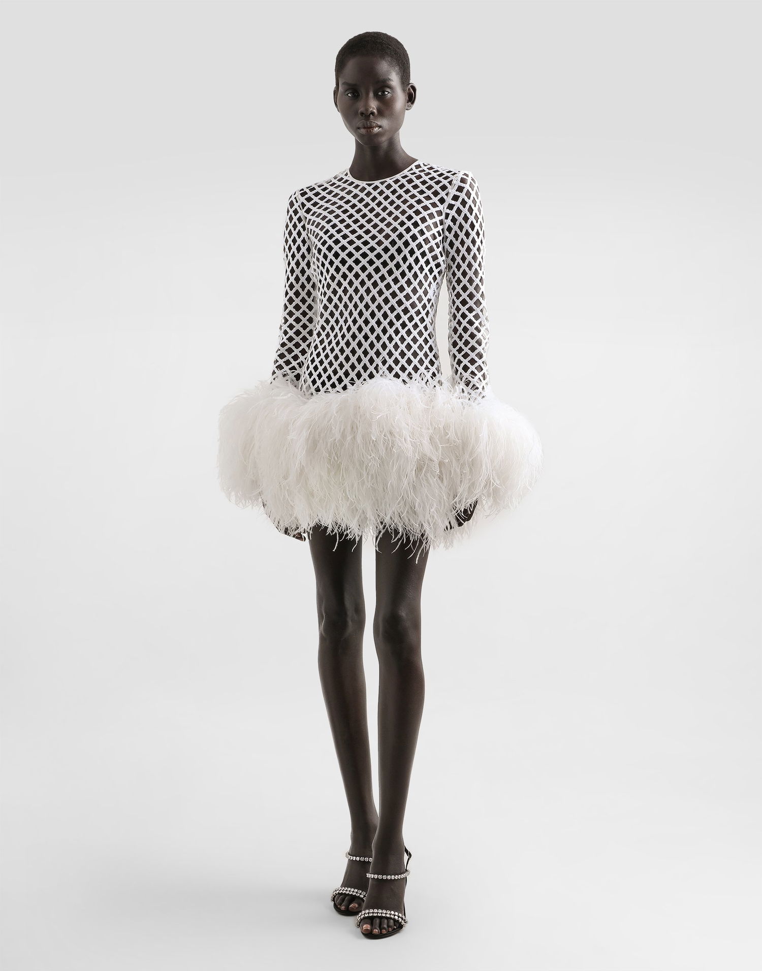Pокля Dolce & Gabbana Dolce & Gabbana Short Sequin Mesh Feather Trim Dress Бяло | F60FCZFLSLDW0800, 1