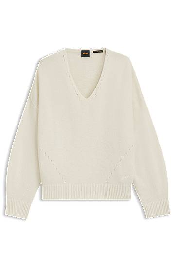 Relaxed Fit V-neck Sweater with Stitch Details in Italian Yarn
