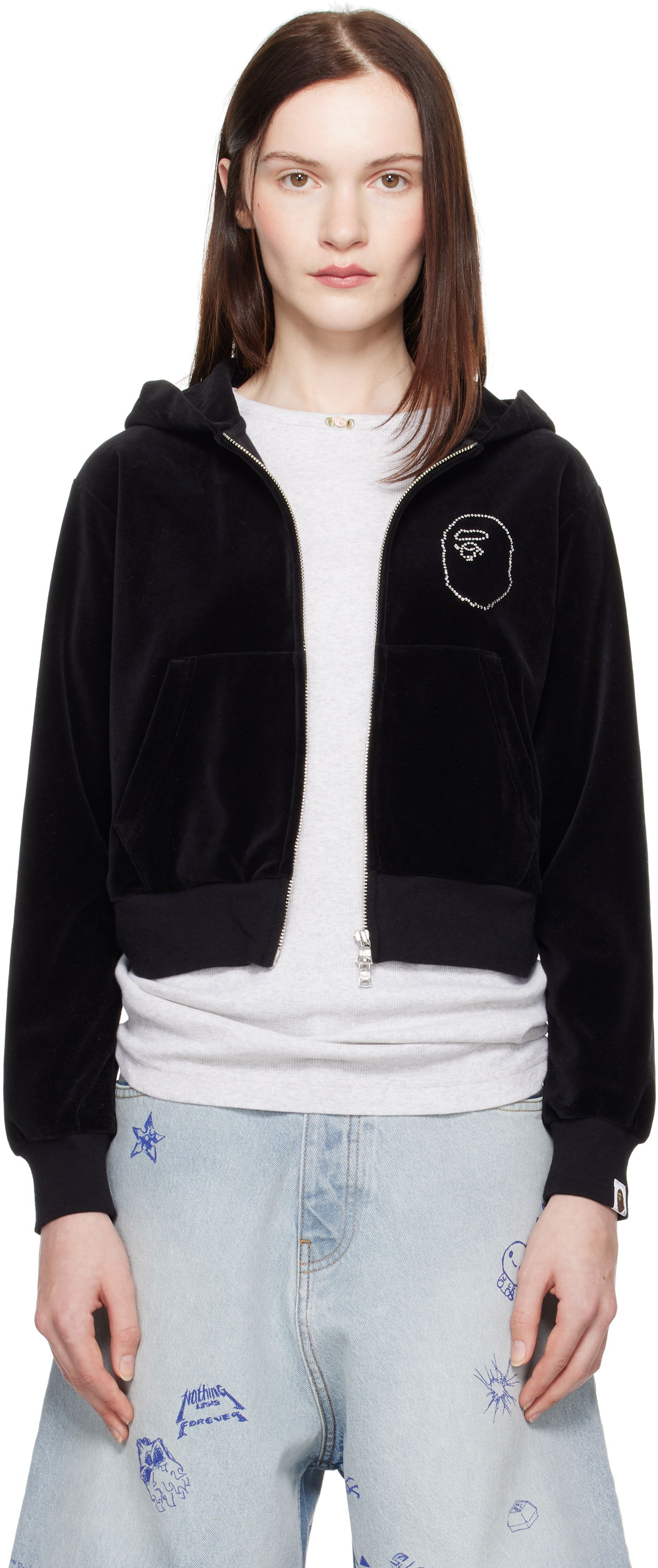 Суитчър BAPE A Bathing Ape Crystal Stone Ape Head Velour Cropped Hoodie Черно | 001ZPK802004L, 0