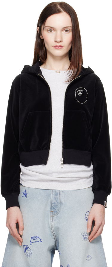Суитчър BAPE A Bathing Ape Crystal Stone Ape Head Velour Cropped Hoodie Черно | 001ZPK802004L, 0