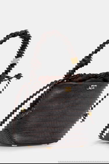 Дамска чанта GANNI Bou Braided Handle Crocodile-Embossed Drawstring Bucket Bag Кафяво | A6697, 1