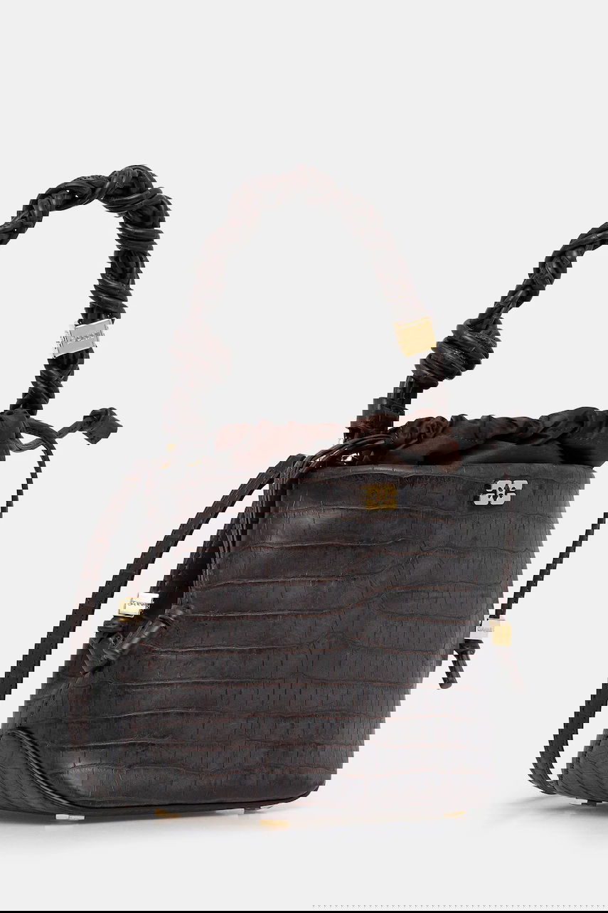 Дамска чанта GANNI Bou Braided Handle Crocodile-Embossed Drawstring Bucket Bag Кафяво | A6697, 1