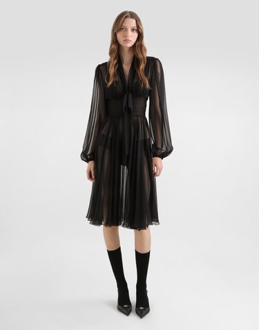 Pокля Dolce & Gabbana Dolce & Gabbana Chiffon Silk V-Neck Tie-Front Ruched Midi Dress Черно | F60GMTFU1ATN0000, 1