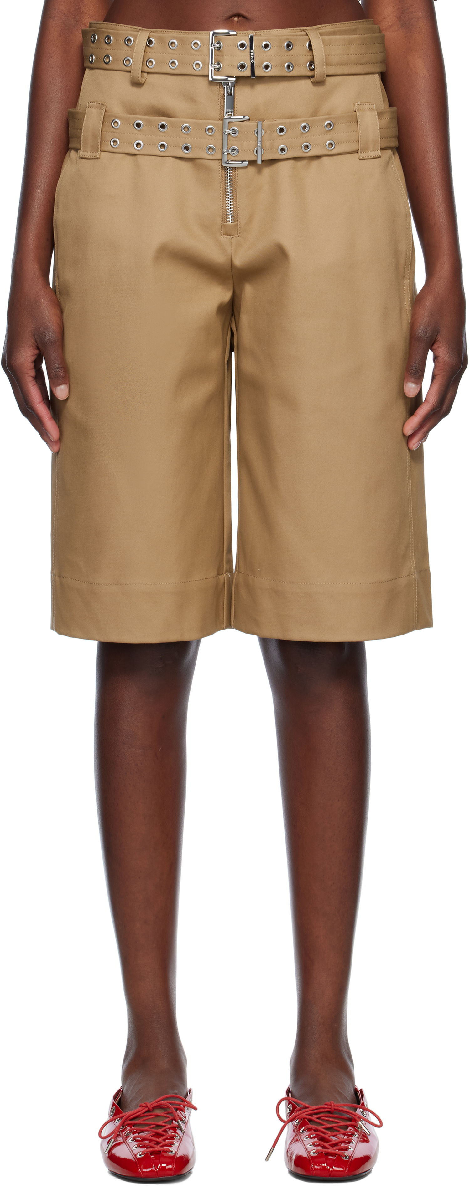 Къси панталони GANNI GANNI Bonded Cotton Shorts with Belt Бежово | W0527, 0