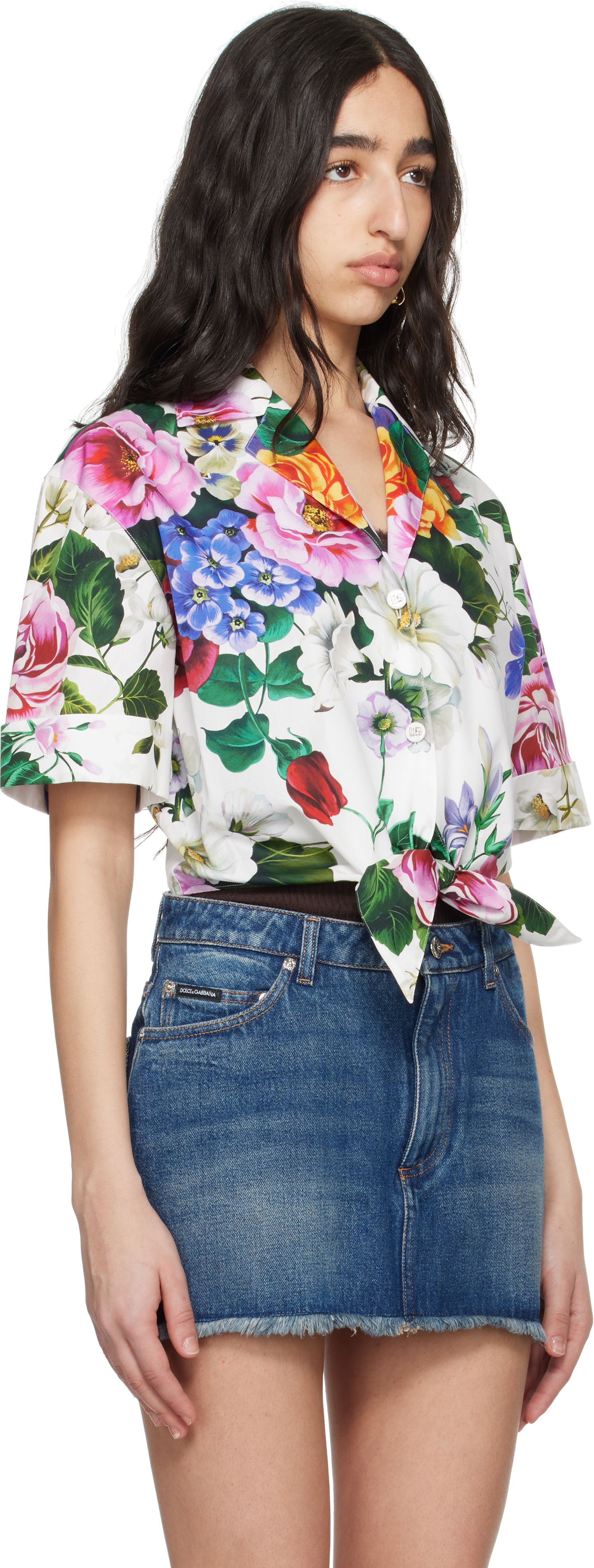 Риза Dolce & Gabbana Dolce&Gabbana Floral Print Tie-Front Shirt Бяло | F5T30T HS5S6, 1
