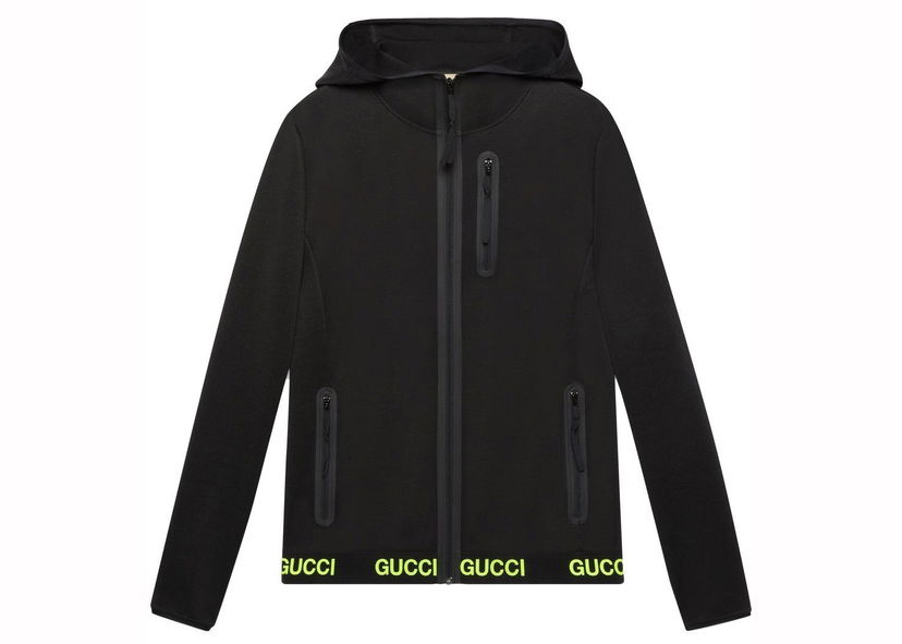 Яке Gucci Logo-Print Hooded Technical Jacket Black Yellow Черно | 693081 XJDS5 1131