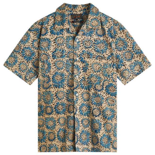 Beams Plus Open Collar Block Print Sunflower Shirt, Size Medium