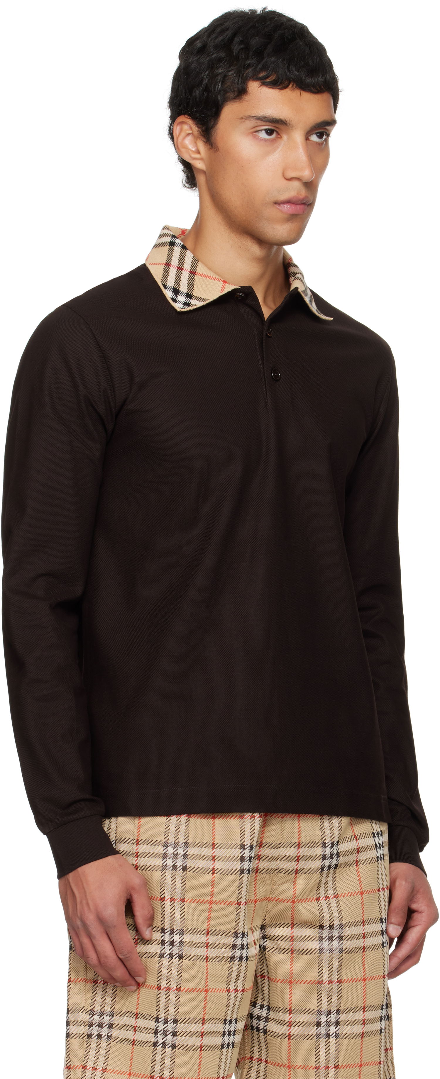 Поло тениска Burberry Burberry Long Sleeve Polo with Check Collar Кафяво | 8116012, 1