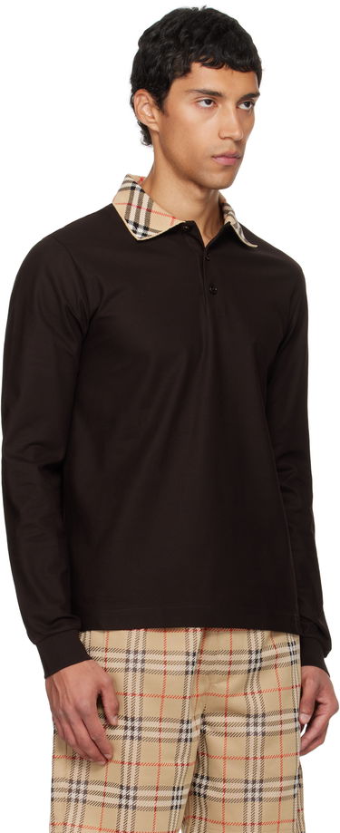 Поло тениска Burberry Burberry Long Sleeve Polo with Check Collar Кафяво | 8116012, 1