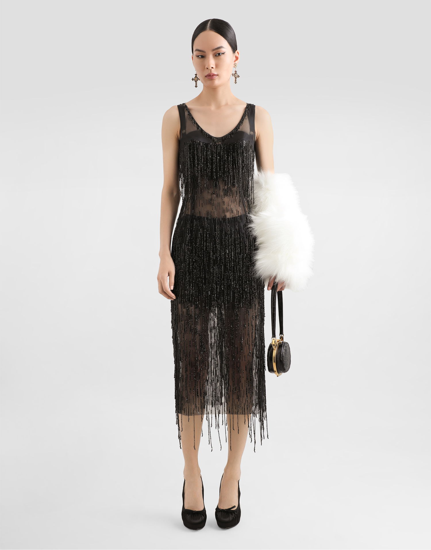 Pокля Dolce & Gabbana Dolce & Gabbana Sleeveless Calf-Length Marquisette Dress with Sequined Fringing Черно | F6TPBZGDC1DN0000, 1