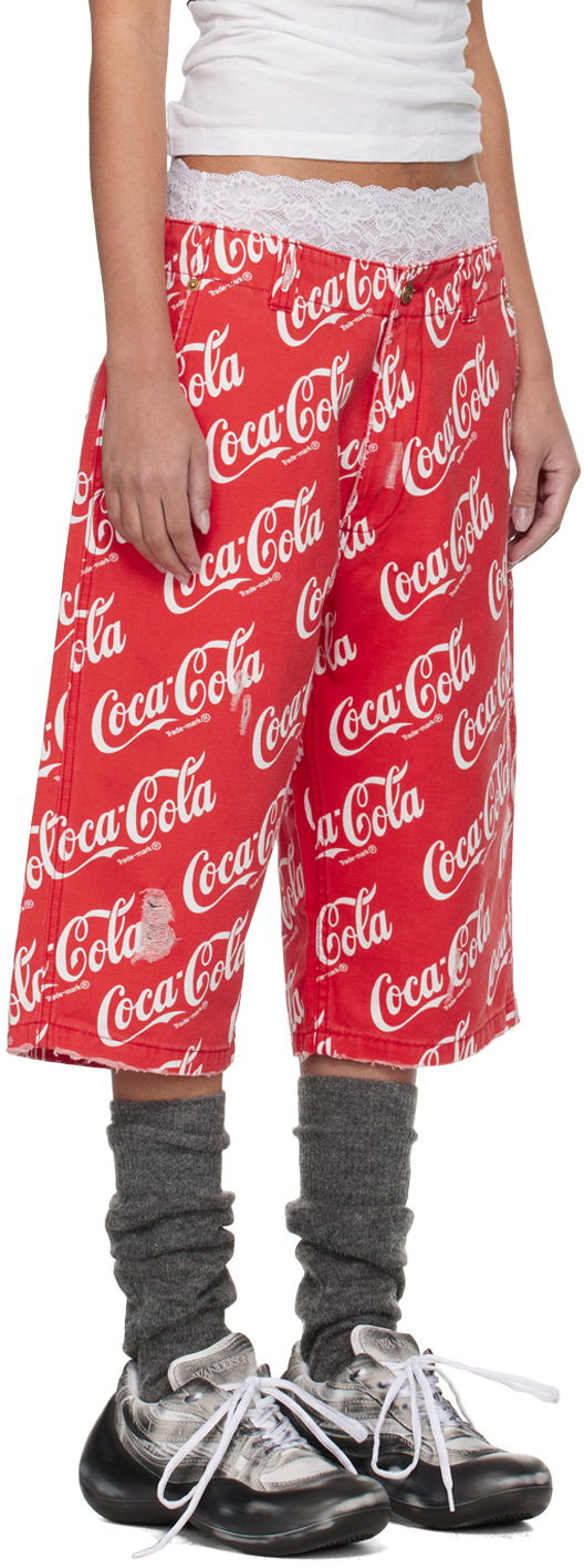 Къси панталони ERL Coca-Cola Printed Distressed Lace-Trim Culotte Shorts Червено | ERL08P003, 1