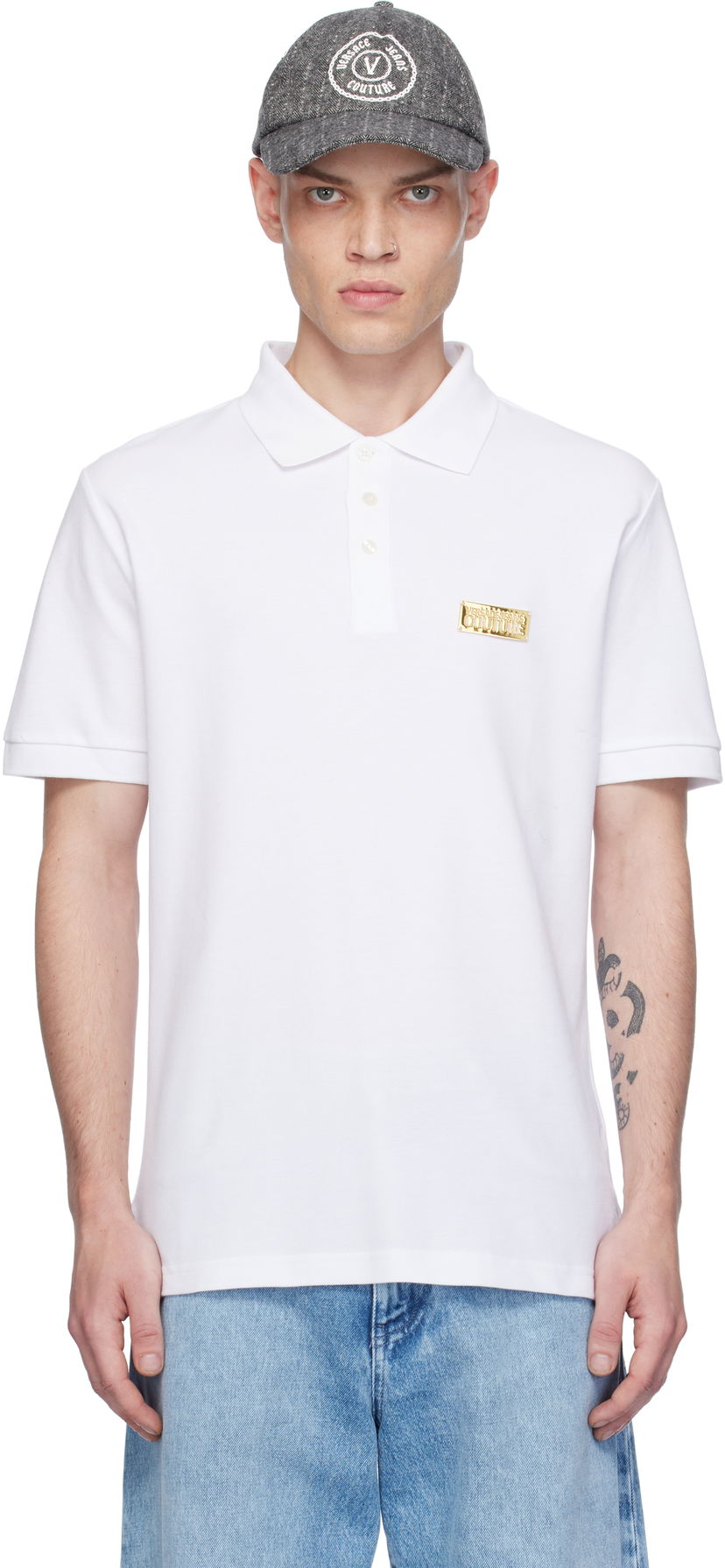 Поло тениска Versace Slim-Fit Logo Polo Бяло | E77GAGT08_ECJ01T