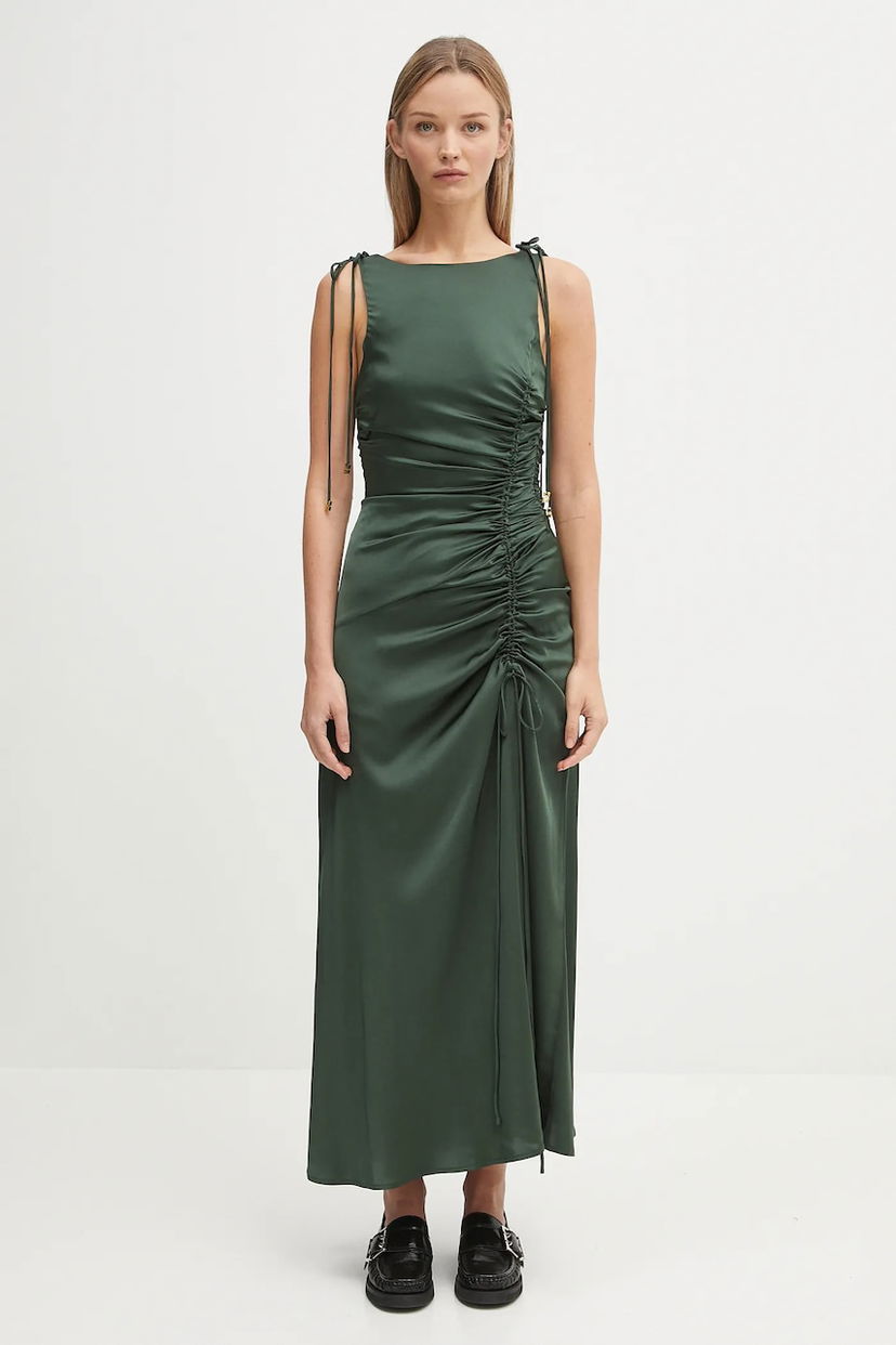 Pокля GANNI GANNI Stretch Satin Gathered Maxi Dress Зелено | W0739