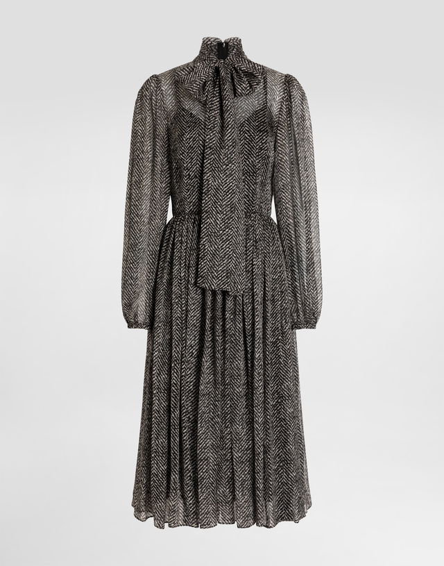Chevron Print Silk Chiffon Pussy-Bow Neck Pleated Midi Dress