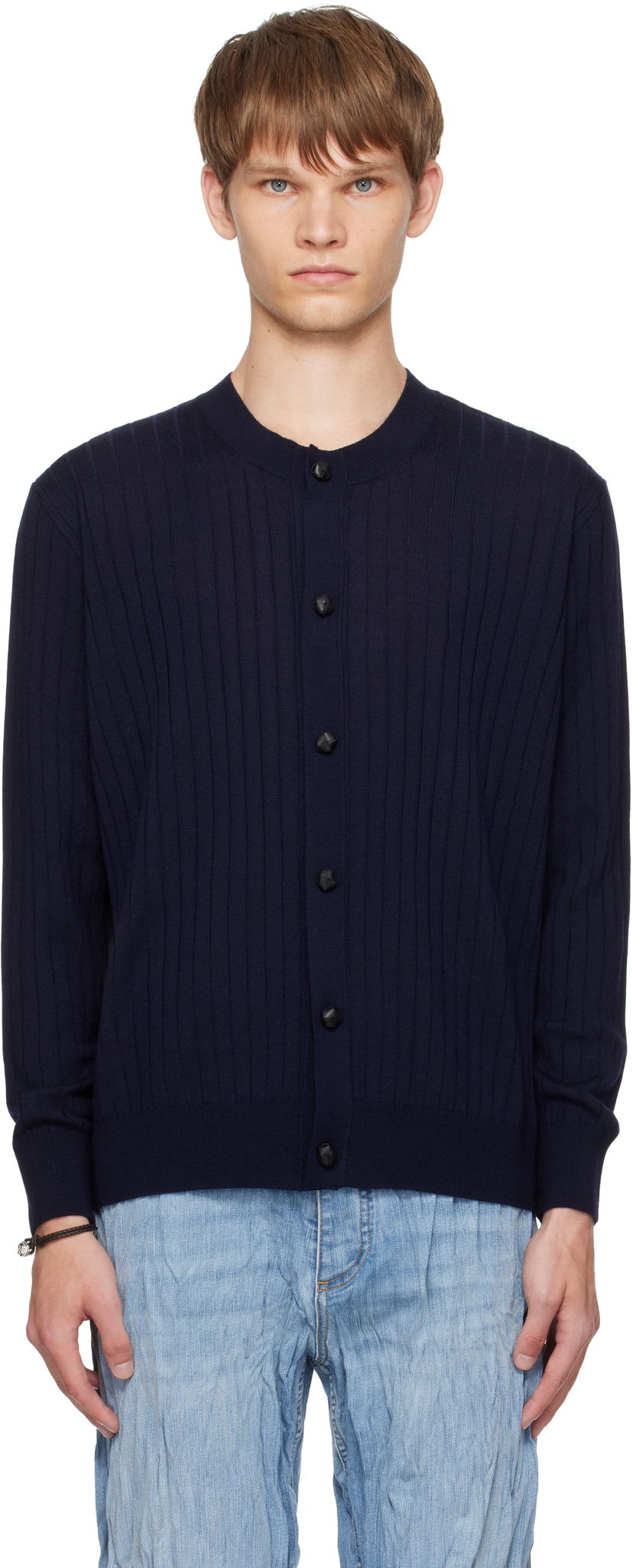 Пуловер Bottega Veneta Bottega Veneta Wool Rib Knit Cardigan Тъмно синьо | 838111V5L704140