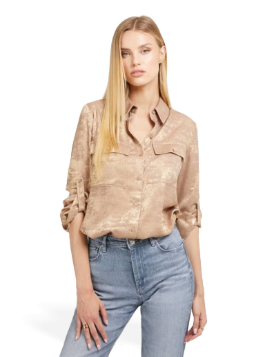 Риза GUESS Metallic Effect Shirt Бежово | W3BH63WFQA0