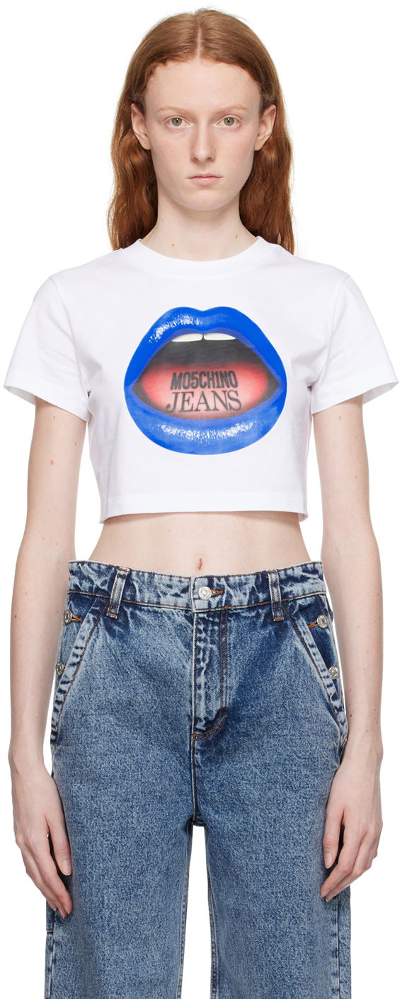 Съкратен топ Moschino Moschino Jeans Graphic Crop T-Shirt Бяло | 1208 8262