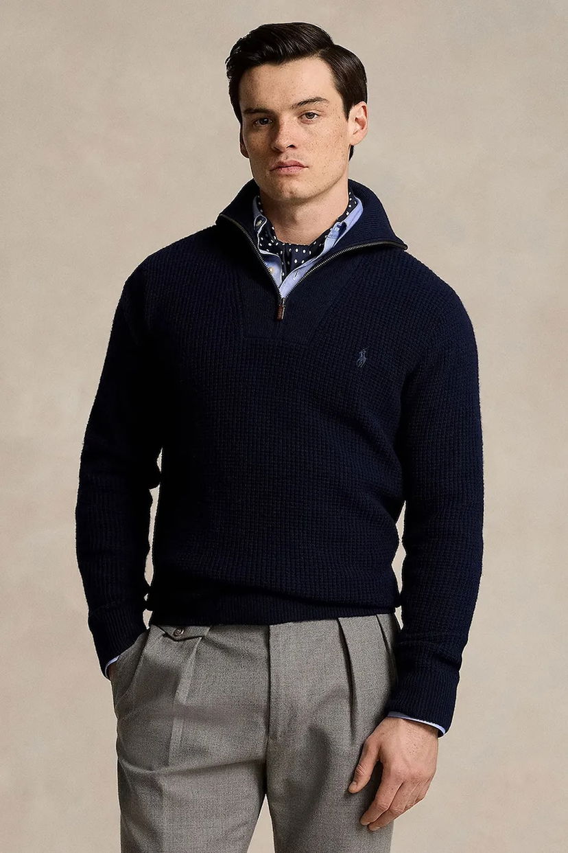 Пуловер Polo by Ralph Lauren Polo Ralph Lauren Waffle Knit Wool Half-Zip Sweater Тъмно синьо | 710941101