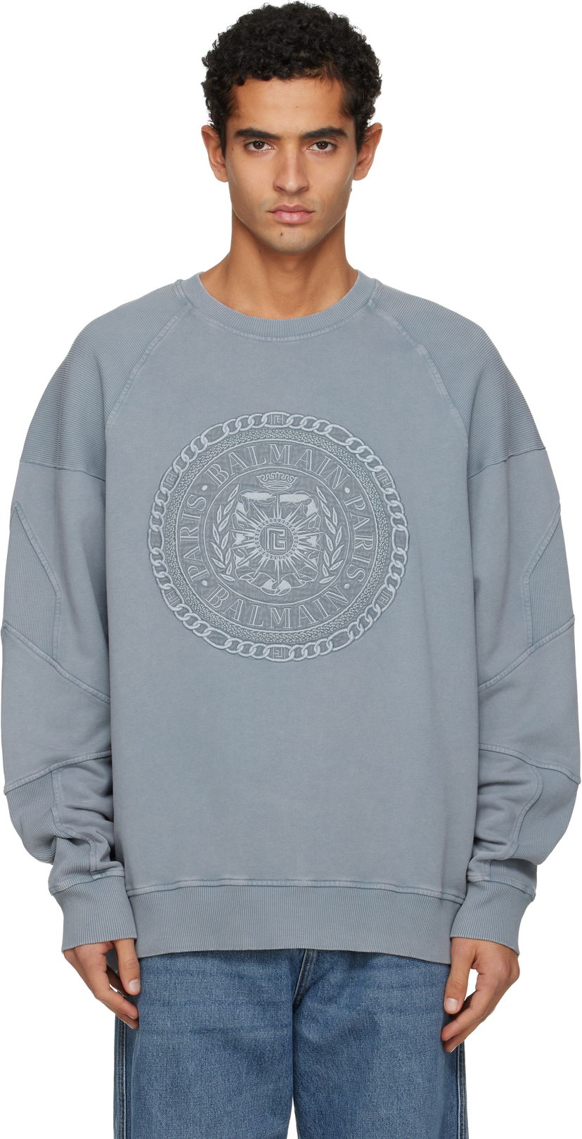 Суитчър Balmain Embroidered 'Balmain' Medal Sweatshirt Синьо | FH1JS013BD08